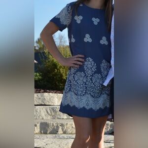 Lulu's Blue Mini Dress with Cream Lace Design